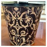 Decorative Metal Bucket | Decorative metal bucket with a curved handle, featuring gold floral and sc