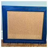 Cork Board - Blue Painted Frame - 1/2 | Large cork board with five hooks for keys or small items, fe