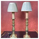 (2pc) Brass Candlestick Table Lamps | Pair of brass candlestick base table lamps with small pleated 