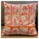 Throw Pillow - Red Panels | Throw pillow featuring detailed red-rust panels adorned with flamingos, 