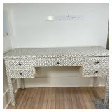 Desk with Geometric Pattern Inlay | Geometric patterned bone inlay desk in white and gray, with four