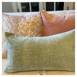 (3pc) Throw Pillows - Pinks & Green | Throw pillows including a solid pink-colored square pillow wit