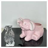 (2pc) Waterford Posy Vase & Pink Elephant Planter | Waterford Crystal "Athens" pattern posy vase: h.