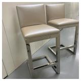 (2pc) Chrome & Faux Leather Counter Stools | Set of modern low-back counter chairs featuring sleek c