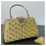 Gold Handbag with Chain Strap | Gold handbag with glittery lace-like texture, rhinestone buckle clas
