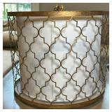 Geometric Cage Pendant Light | Modern geometric gold-gilt cage pendant light with a white drum light