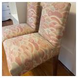 (2pc) Coral Pink Upholstered Side Chairs | Pair of upholstered side chairs with a coral pink and lig