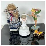 (4pc) Collectible Figurines & Trinket Box | Porcelain doll in blue plaid dress with blonde hair in p