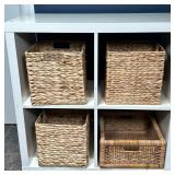 (4pc) Cubed Shelving Unit & Baskets | White cubed shelving unit featuring four open compartments, in