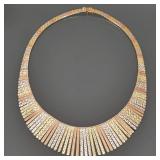 14K GOLD TRICOLOR "CLEOPATRA" NECKLACE | Designed as graduated textured links of alternating white, 