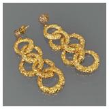 14K GOLD DROP EARRINGS | Post earrings each suspending 5 textured gold interlocking links, unmarked 