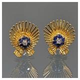 PAIR SAPPHIRE & 18K GOLD EARRINGS | Midcentury modern, starburst yellow gold earrings, each designed