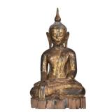 MONUMENTAL GILT CARVED THAI BUDDHA FIGURE | Showing a boddhisatva in the seated lotus position, gilt