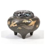 JAPANESE BRONZE MIXED METALS OVERLAY CENSER | Designed as a bronze tripod censer decorated with bird