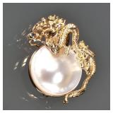 14K GOLD & MABE PEARL DRAGON PIN/ENHANCER | Designed as a yellow gold dragon sitting atop a large, r