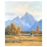 GENE SPECK LANDSCAPE PAINTING | Blue Mountains Oil 20x16 in. Sight Title plaque on bottom of frame S