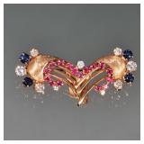 DIAMOND, SAPPHIRE, RUBY & 14K GOLD PIN | Designed as a brushed yellow gold heart set with round rubi