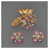 (2pc) TUTTI-FRUTTI FLORAL GEMSTONE & 18K GOLD DEMI PARURE |Including a floral bouquet-form brooch, h