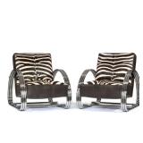 PAIR ZEBRA PATTERN, LEATHER, & CHROME ARMCHAIRS, RALPH LAUREN | Hudson Street Lounge Chairs, Zebra u