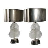 PAIR MURANO GLASS LEAF & POLISHED STAINLESS TABLE LAMPS | Pair of lamps with oval aluminum shade ove
