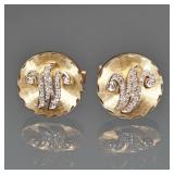 PAIR 14K GOLD & DIAMOND CUFFLINKS | Round cuff links with melee diamonds set in an "M" (or "W") mono