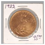 1922 US $20 GOLD COIN | 1922 American Walking Liberty Double Eagle twenty dollar gold coin, 34mm; 33