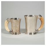 (2pc) ANTIQUE ENGLISH STERLING SILVER BOAR HANDLE HUNT MUGS "HH" |Hunting mugs with boar tusk handle