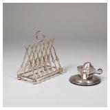 (2pc) ENGLISH SILVERPLATE TABLE ITEMS; CROSSED RIFLES LETTER HOLDER, RIDING CAP INKWELL | Toast or L