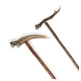 (2pc) PAIR OF ANTIQUE HORN HANDLED CIGAR CUTTER ALPINE HIKING WALKING STICKS | The Larger one marked