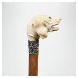 VICTORIAN CARVED BONE HANDLE DOG STERLING COLLAR WALKING STICK | Hallmarks for Birmingham 1891 on th
