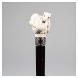 ANTIQUE CARVED BONE FIGURAL GROUP WALKING STICK / CANE | Showing a fox (or dog) curled around a chic