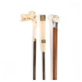 (3pc) COLLECTION OF THREE VICTORIAN CARVED BONE HANDLED WALKING STICKS | Including; one with an L-sh
