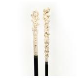(2pc) TWO ANTIQUE CARVED BONE HANDLE WALKING STICKS |one with carved flowers & Sterling Silver Colla