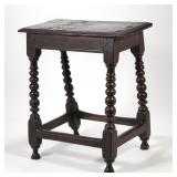 18TH CENTURY ENGLISH JOINT STOOL | Old single-board top, peg construction, sausage turnings, splayed