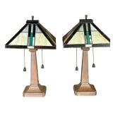(2pc) PAIR TIFFANY STYLE MISSION STAINED GLASS LAMPS