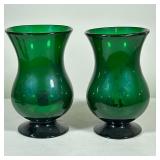 Pair Hand Blown Emerald Green Hurricanes Glass Candle Holders
