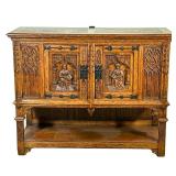 CARVED ENGLISH OAK GOTHIC STYLE SERVER WITH SCENES IN RESERVES