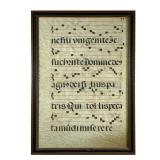 FRAMED ANTIQUE ANTIPHONARY ON VELLUM, MUSIC MANUSCRIPT