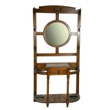 Oak Hall Tree with Round Mirror and Umbrella Stands