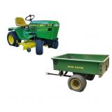 JOHN DEERE 318 RIDE-ON MOWER & ENAMELED METAL UTILITY DUMP CART