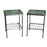 (2pc) PAIR CUSTOM BRUSHED STAINLESS STEEL & GLASS SIDE TABLES