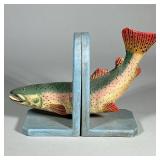 CARVED & POLYCHROME PAINTED WOOD TROUT FISH BOOKENDS