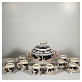 (11pc) Ceramic German Punch Bowl With Matching Mugs