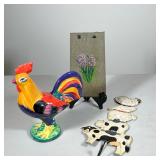 (3pc) Ceramic Rooster, Animal Hook And Hyacinth Slate Painting