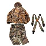 (3pc) Cabela Men’s Lined Camo Jacket And LL Bean Camo Pants With Cabela Suspenders