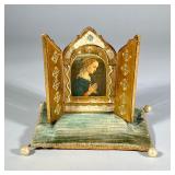 ITALIAN PAPIER MACHE & POLYCHROME CARVED TRIPTYCH ICON | A gilt carved trifold tabletop icon triptyc
