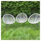 OUTDOOR ACAPULCO STRING CHAIR SET | Set of 3 egg-shaped, Acapulco outdoor/patio chairs. Radial strin