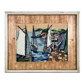 FRAMED HARBOR SCENE TAPESTRY | Stitched textile artwork depicting harbor scene with sailboats. Frame