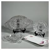 (4pc) CRYSTAL & CERAMIC DISHES | Three crystal serving pieces, oblong, small round and triangular. O