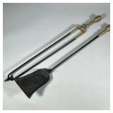(2pc) Fireplace Accessories | Black iron shovel and pair of tongs with brass handles. Dimensions: h.